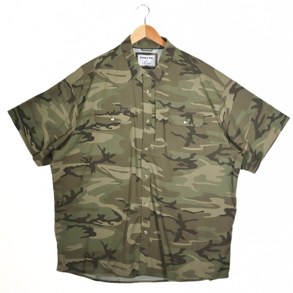 Poncho Outdoors Shirt Mens 3XL Green Camo Short Sleeve Magnetic Pockets Hiking